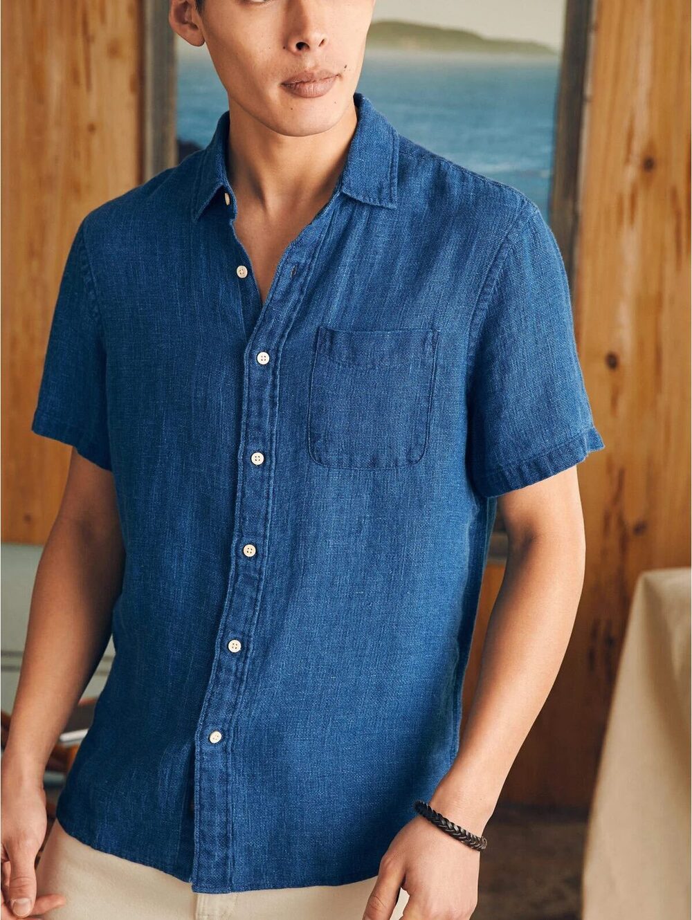 Faherty Short-Sleeve Palma Linen Shirt Indigo Basketweave Men’s XL Blue